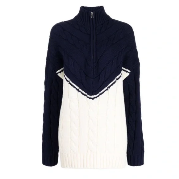 STAUD Hampton Half Zip Cable Knit Long Sweater Knit - Navy/Ivory Casual Two Tone - Picture 5 of 10